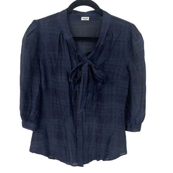 Splendid Silk Blend Button Front Tie Neck Navy Blue Plaid Top Womens Small - Picture 1 of 7